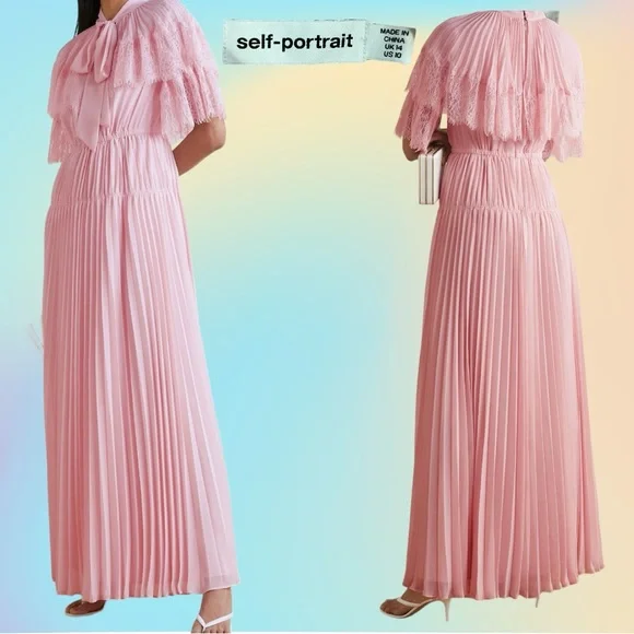 Self-Portrait | Dresses | Pink Selfportrait Lacetrimmed Pleated Chiffon Maxi  Dress Uk 4us 1 | Poshmark